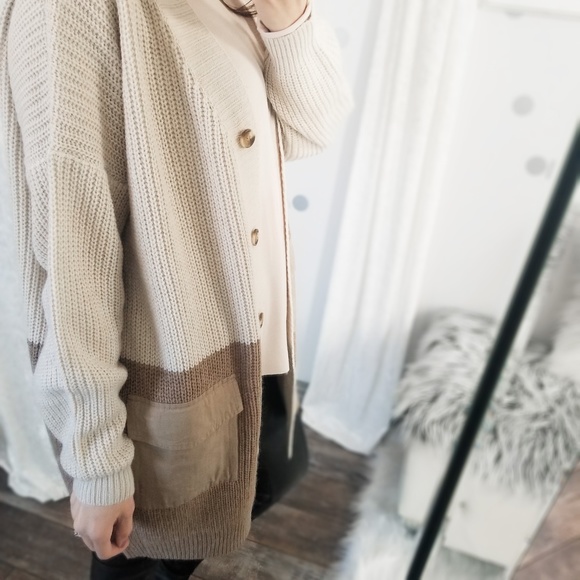 Knit Fall Neutral Cardigan Taupe Color Block Long Pocket Cardigan - Picture 11 of 11